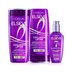 Shampoo Condicionador Sérum Elseve L'Oréal Colágeno 400ml+400ml+100ml | Protocolo reconstrutor, volume 3D, brilho imediato, fios finos, proteção térmica de 230°C, encorpamento ativo