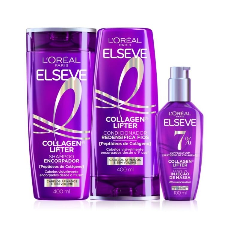 Shampoo Condicionador Sérum Elseve L'Oréal Colágeno 400ml+400ml+100ml | Protocolo reconstrutor, volume 3D, brilho imediato, fios finos, proteção térmica de 230°C, encorpamento ativo