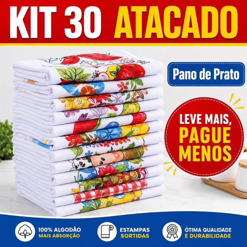 Panos de Prato 100% Algodão, Estampas Diversas (kit com 5 unidades)