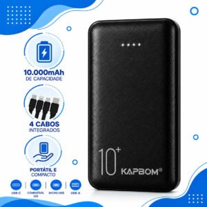 Power Bank 10000mAh com 4 Cabos Integrados, Visor Digital e Lanterna LED (iPhone, Samsung, Xiaomi)