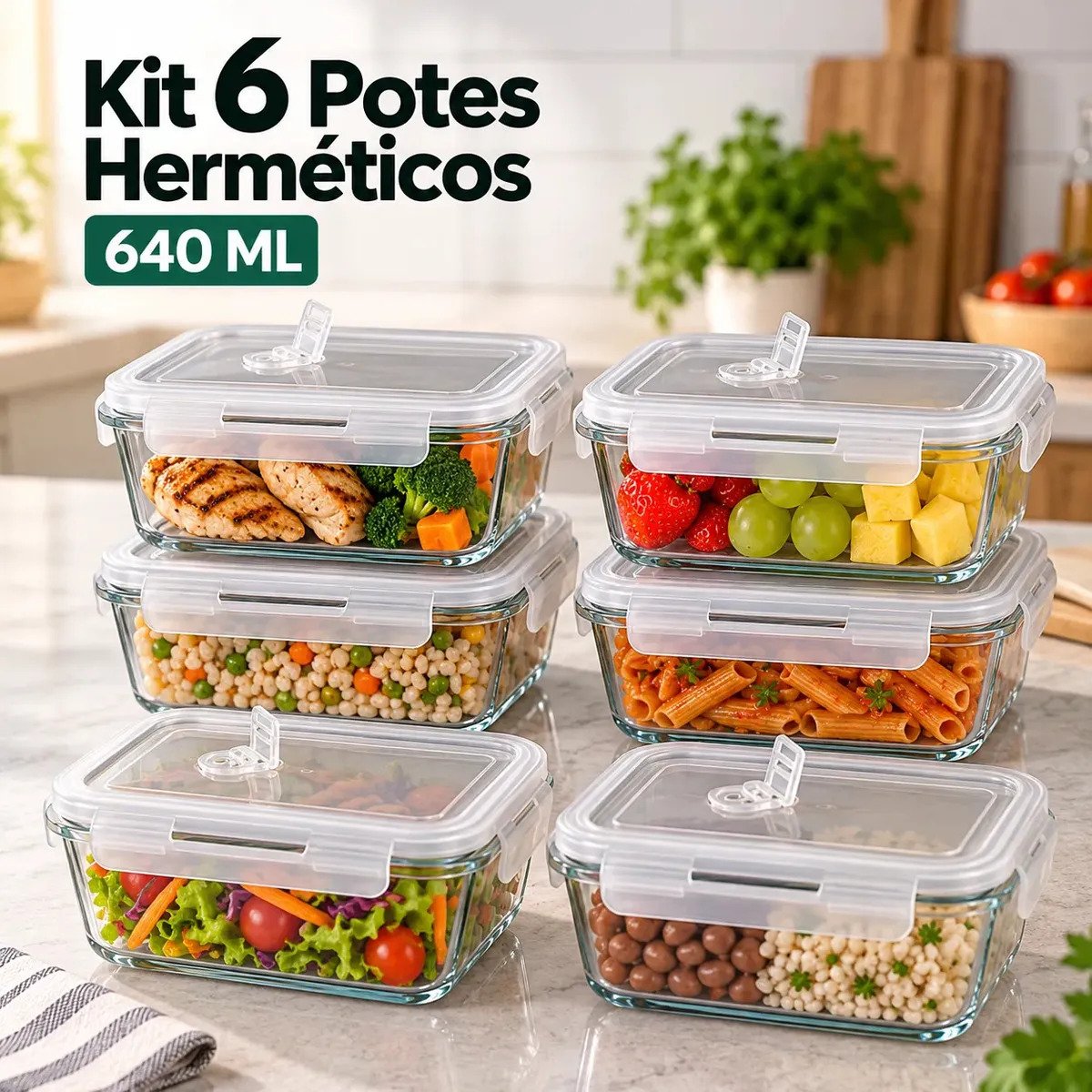 Kit 6 Potes de Vidro Herméticos Borossilicato 640 ml com Tampa de 4 Travas – Vai ao Forno, Micro-ondas e Freezer