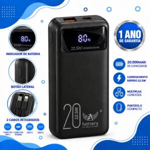 Power Bank 20000mAh 22,5W com 4 Cabos Embutidos, Display e Lanterna (iPhone e Samsung)