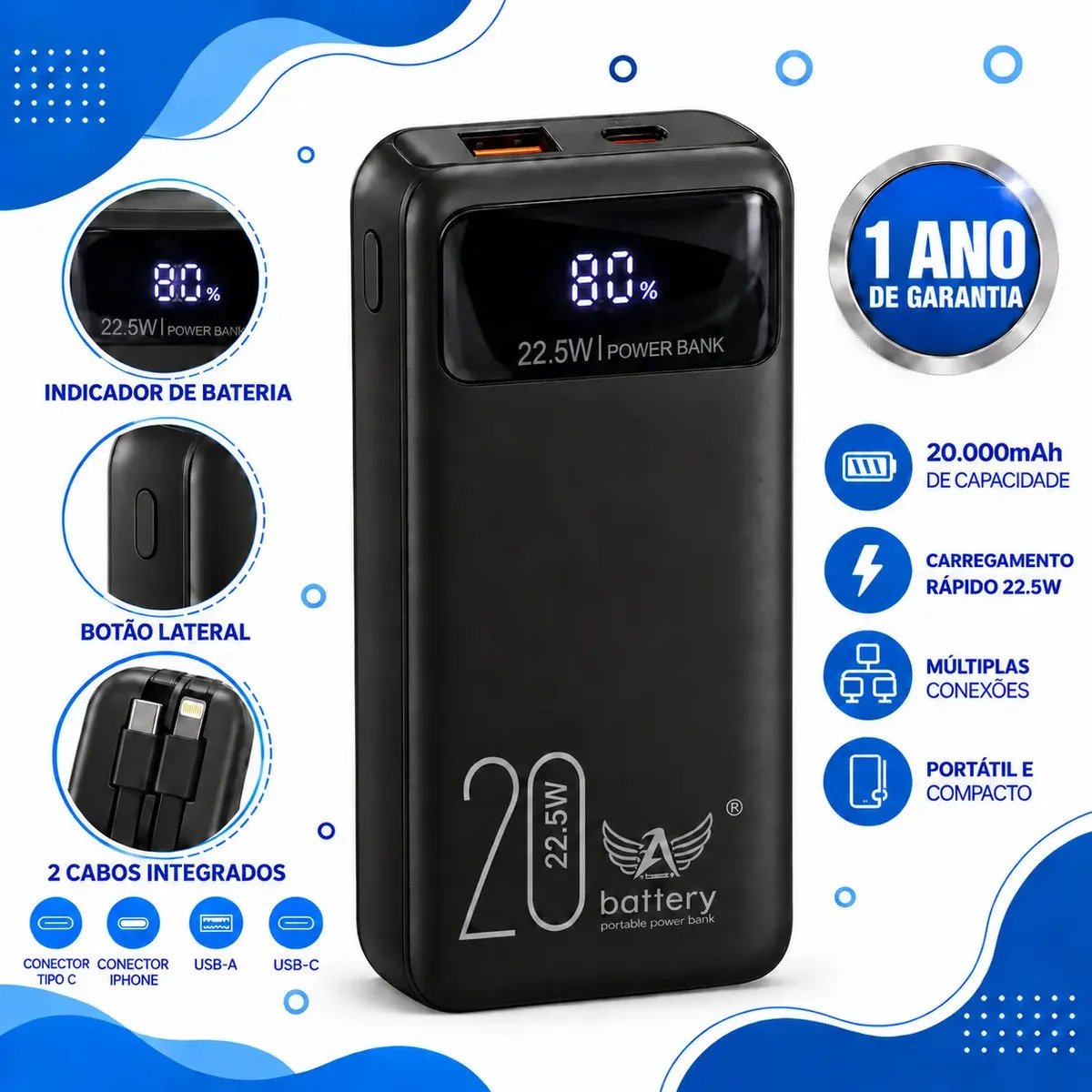 Power Bank 20000mAh 22,5W com 4 Cabos Embutidos, Display e Lanterna (iPhone e Samsung)