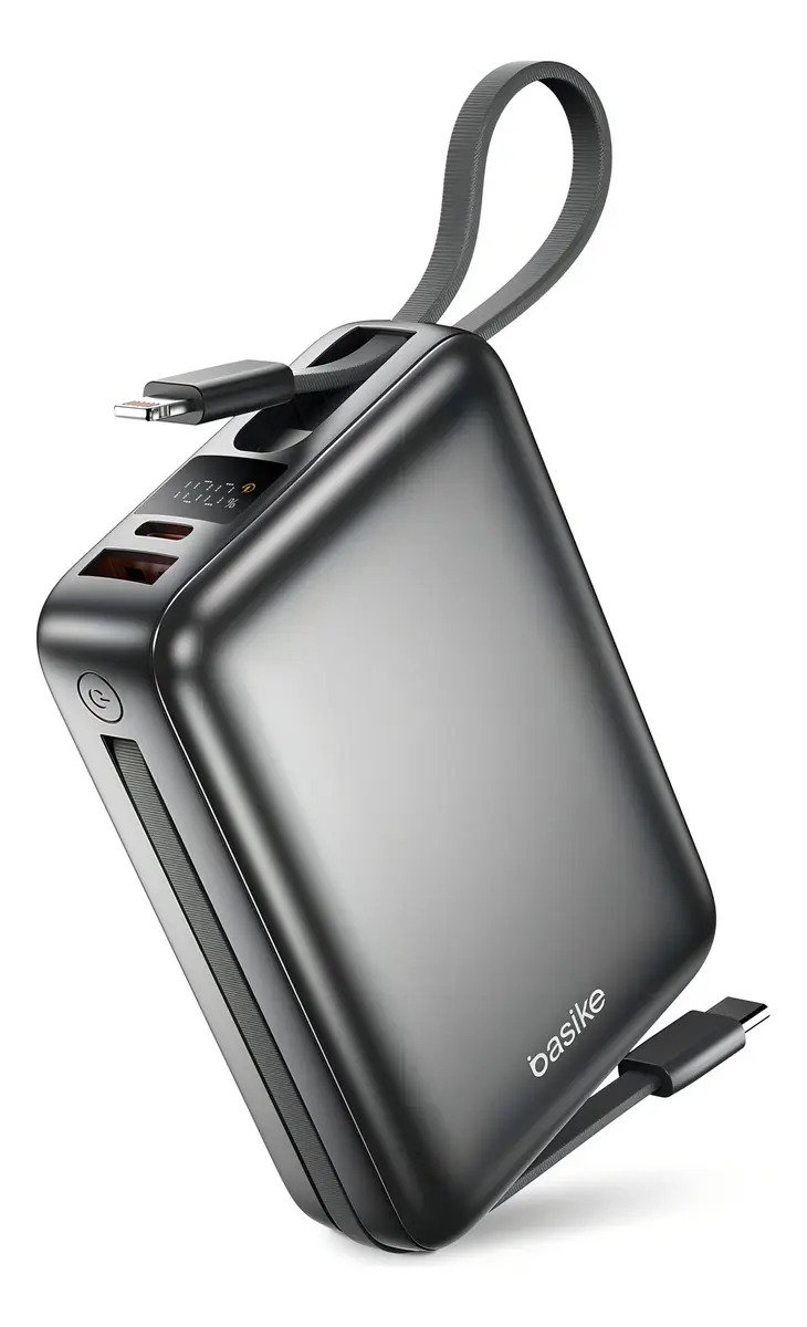 Power Bank Basike 20000mAh 22,5W com Cabos Embutidos USB-C e Lightning (iPhone)
