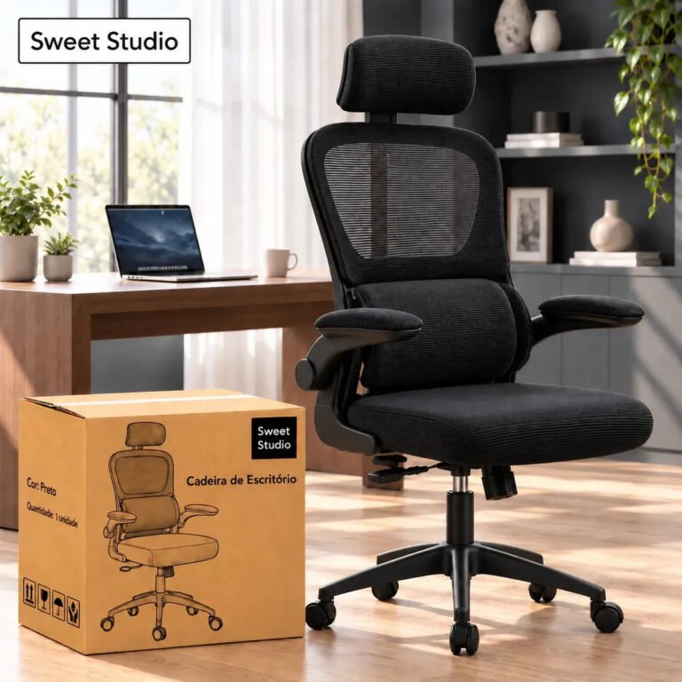 Cadeira de Escritório Sweet Studio Ergonômica Giratória Preta com Apoio Lombar e de Cabeça