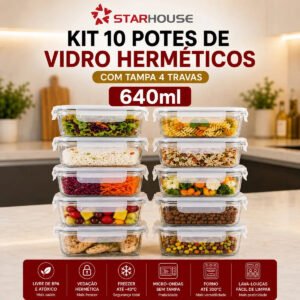 Kit 10 Potes Herméticos de Vidro 640ml Starhouse – Forno, Micro-ondas e Air Fryer