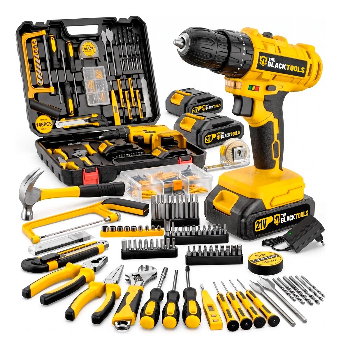 Furadeira Parafusadeira de Impacto 21V com 2 Baterias e Kit 145 Peças