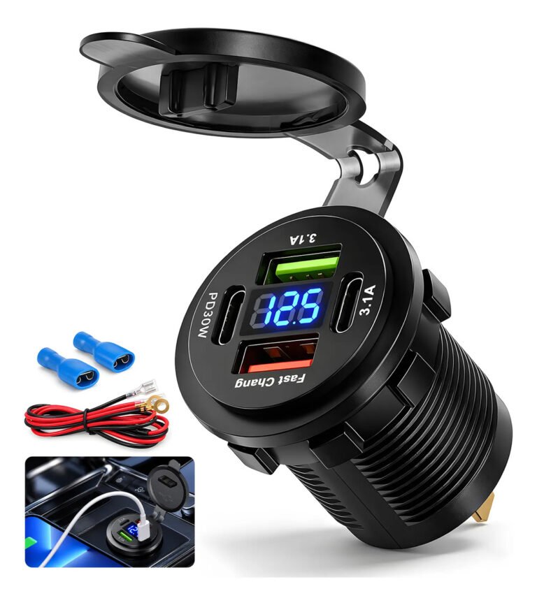 Tomada USB Veicular 4 Portas PD 30W + QC 3.0 com Voltímetro – 12V/24V