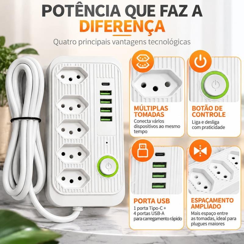 Extensão Elétrica 5 Tomadas + 4 USB e USB-C, Cabo 2 m, Bivolt com LED