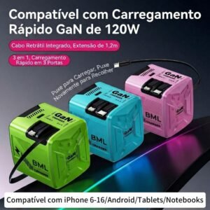 Cabo de Dados Retrátil 120W GaN USB Tipo C Carregamento Rápido