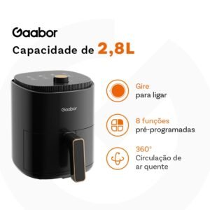 Air Fryer Gaabor 2,8L 360° com Timer 60 min, Antiaderente Sem BPA