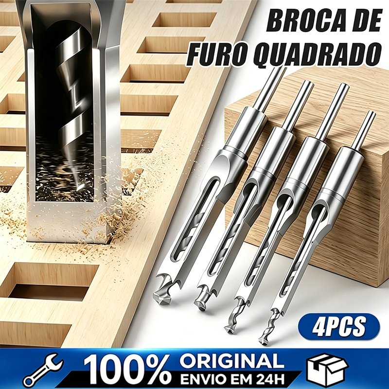 Kit 4 Brocas de Furo Quadrado para Madeira (1/4, 5/16, 3/8 e 1/2)