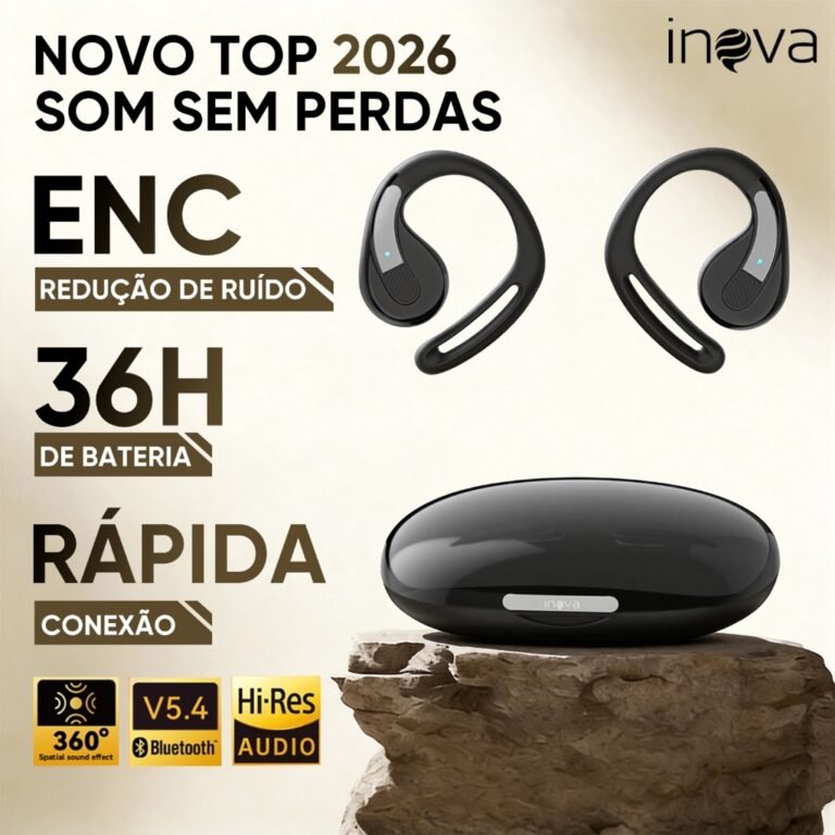 INOVA Fone Bluetooth Condução Óssea Sem Fio Gancho Auricular Autonomia até 35 Horas para Academia Corrida