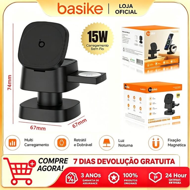 Carregador Sem Fio 4 em 1 Basike 15W (iPhone, Android, Relógio e Fone)