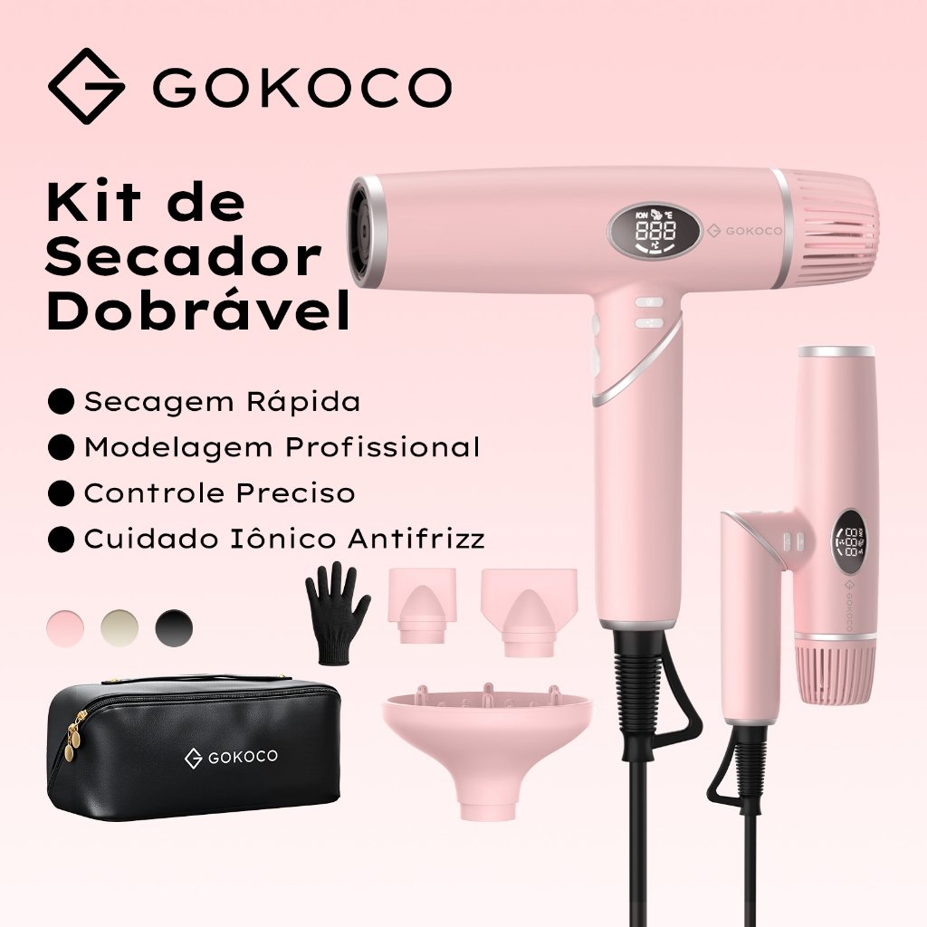 Kit Secador GOKOCO 3 em 1 Dobrável Iônico Antifrizz Bivolt