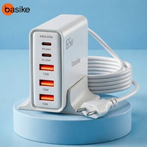 Carregador de Mesa Basike GaN 65W 5 em 1 (3 USB + 2 USB-C, PD e QC 3.0)