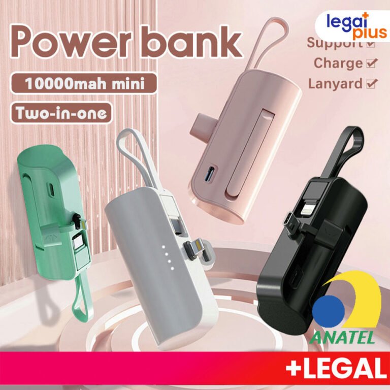 Power Bank Mini 10000mAh 2 em 1 com Cabo iPhone e Tipo-C